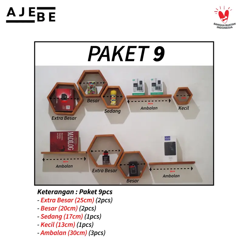 Rak Dinding Hexagonal Kayu Tempel Estetis untuk Kamar dan Ruang Tamu 8