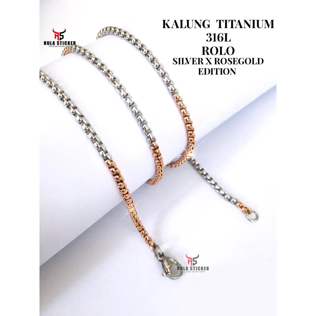 Kalung Rantai Titanium Premium Stainless 316L Rolo Kombinasi SILVER ROSEGOLD Pria Wanita Anti Karat Kalung Rantai Pendant