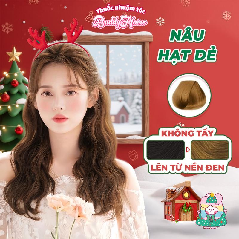 Thuốc nhuộm tóc NÂU HẠT DẺ SỮA không cần dùng tẩy tóc Buddyhairs tặng kèm mũ trùm đầu găng tay tiện lợi