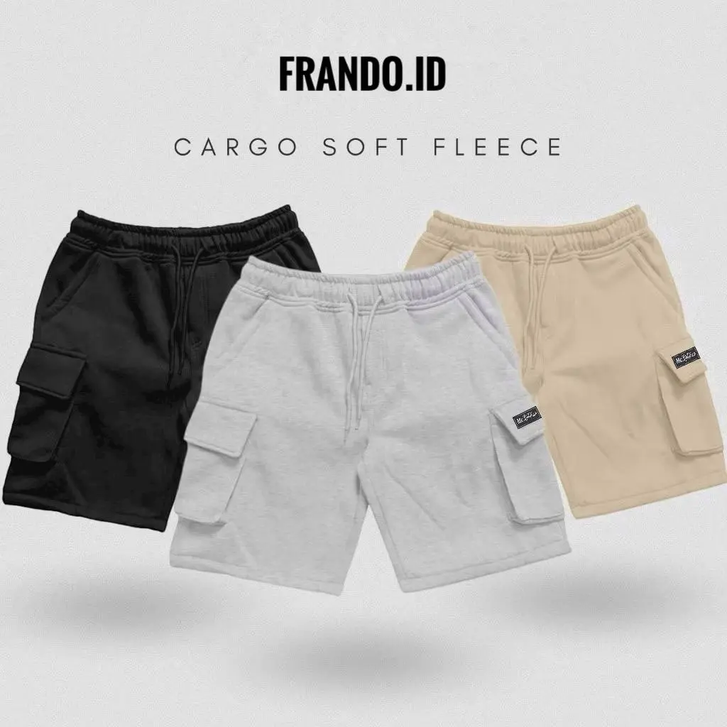 FRANDO.ID Paket 100rb 3 Pcs Celana Cargo Pendek Pria Soft Fleece Shorts Santai dengan 2 Saku Samping dan Karet Pinggang Warna Abu Misty
