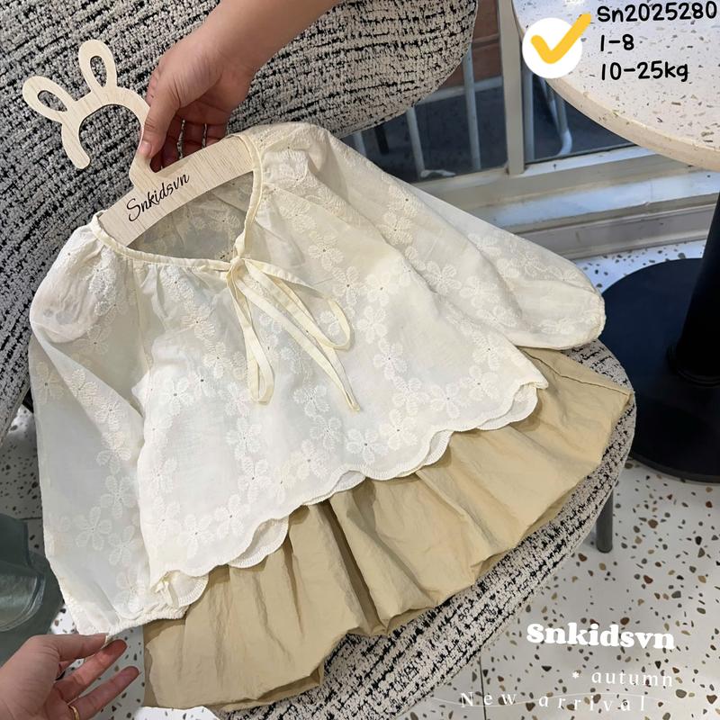  Vivi Baby Bộ Boi Thêu Hoa  Mix Chân Váy Bí Nâu mềm mát xinh xắn cho bé gái 
