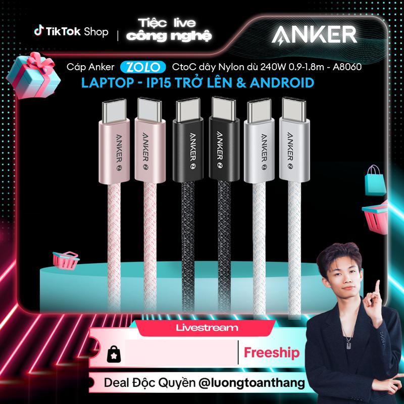 [Anker X LươngToànThắng] Cáp sạc nhanh ANKER Zolo USB-C to USB-C công suất cao 240W - Chất liệu nylon dù chống bám bẩn đứt gãy - A8060