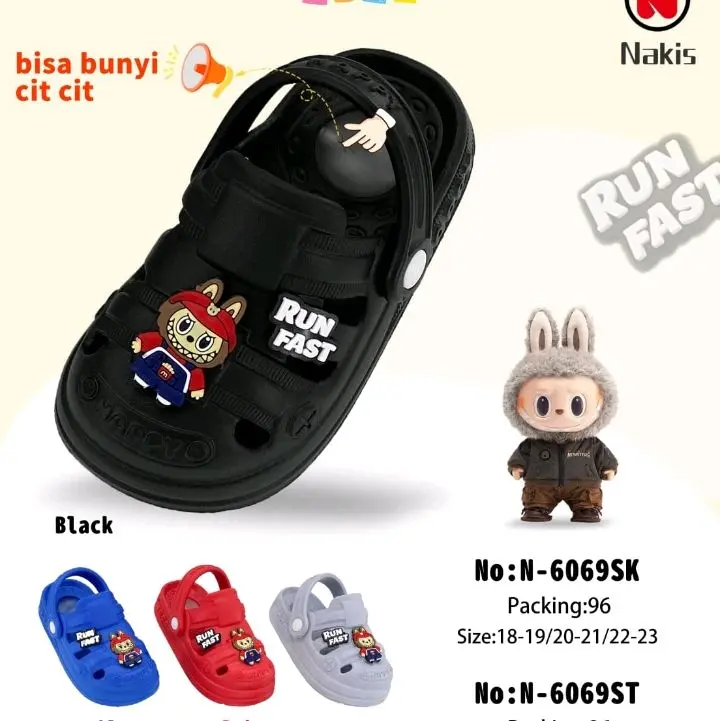 NAKIS Sandal Baim Bunyi Anak Laki Laki Terbaru Sandal Anak cowok Labubu Viral Sandal Baim Anak Laki Laki Tali Belakang