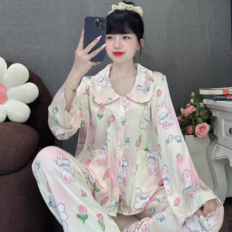 Size 40-60kg-Đồ Bộ Lụa Latin Tơ Tằm Cao Cấp Cổ Sen 2 Túi Áo Tay Dài Quần Dài TDQD Mềm Mát Mặc Nhà Cao Cấp Pijama Mặc Nhà Nữ Women