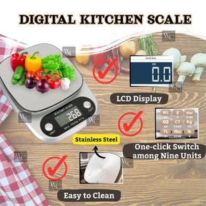 Electronic Digital Kitchen Scale Clear Bright LCD Easy to Read Display Multi Unit Conversion Stainless Steel Durable Waterproof Easy to Clean Penimbang Dapur Digital Paparan LCD Jelas Terang Mudah Dibaca Berkualiti Tinggi Tahan Lama Mudah Dibersih