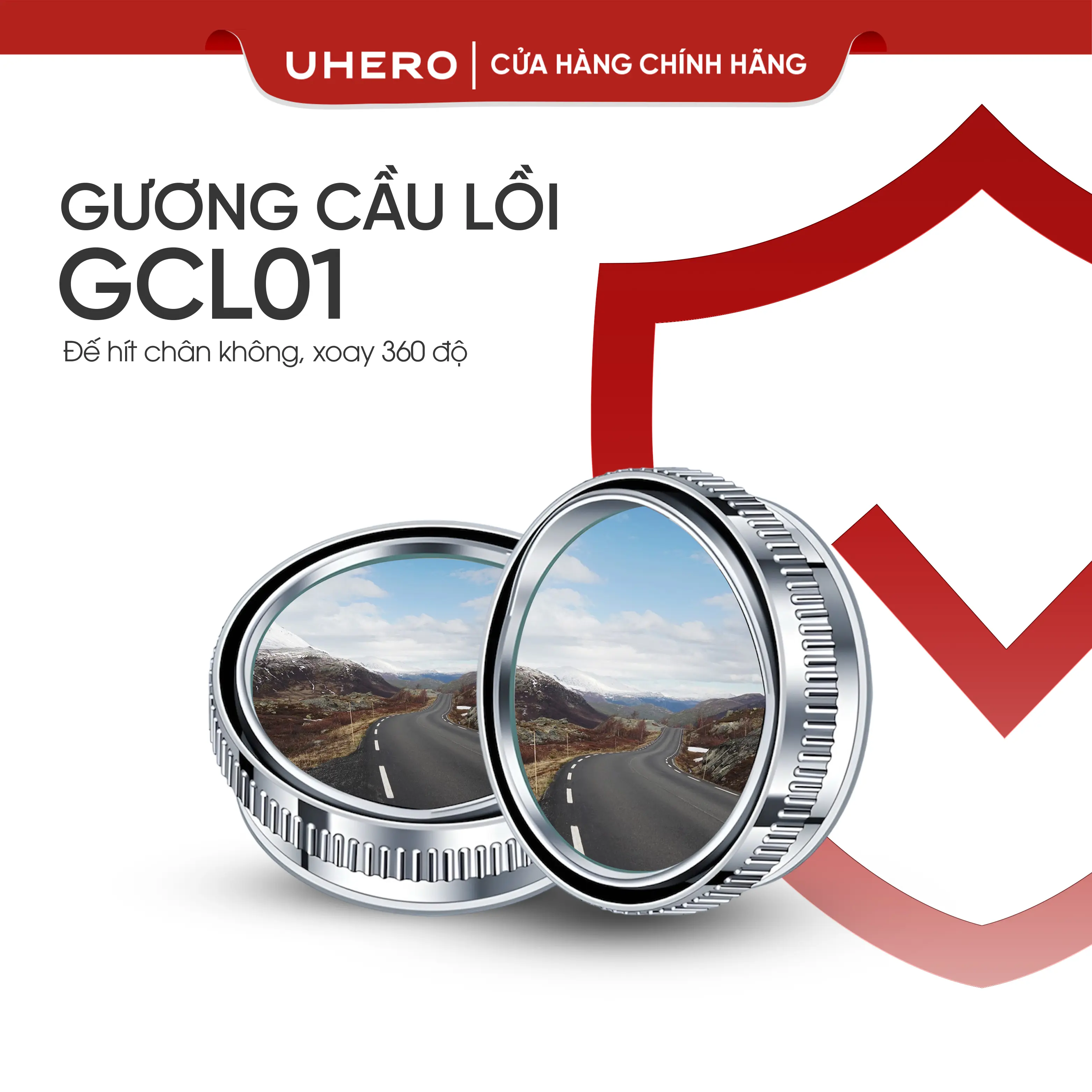 UHERO Cặp gương cầu lồi góc rộng GCL01 gắn kính hậu ô tô xoay 360 xoá điểm mù, sử dụng đế hút, không để lại vết keo khó tẩy