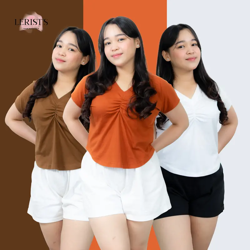 VNECK CROP KERUT DADA LERIST- Atasan wanita Crop top tee polos Kaos Katun Leher V Wanita Cotton Combed 30s Premium Lerist T-Shirt Polos Baju Pendek Lerist Basic Panjang 0
