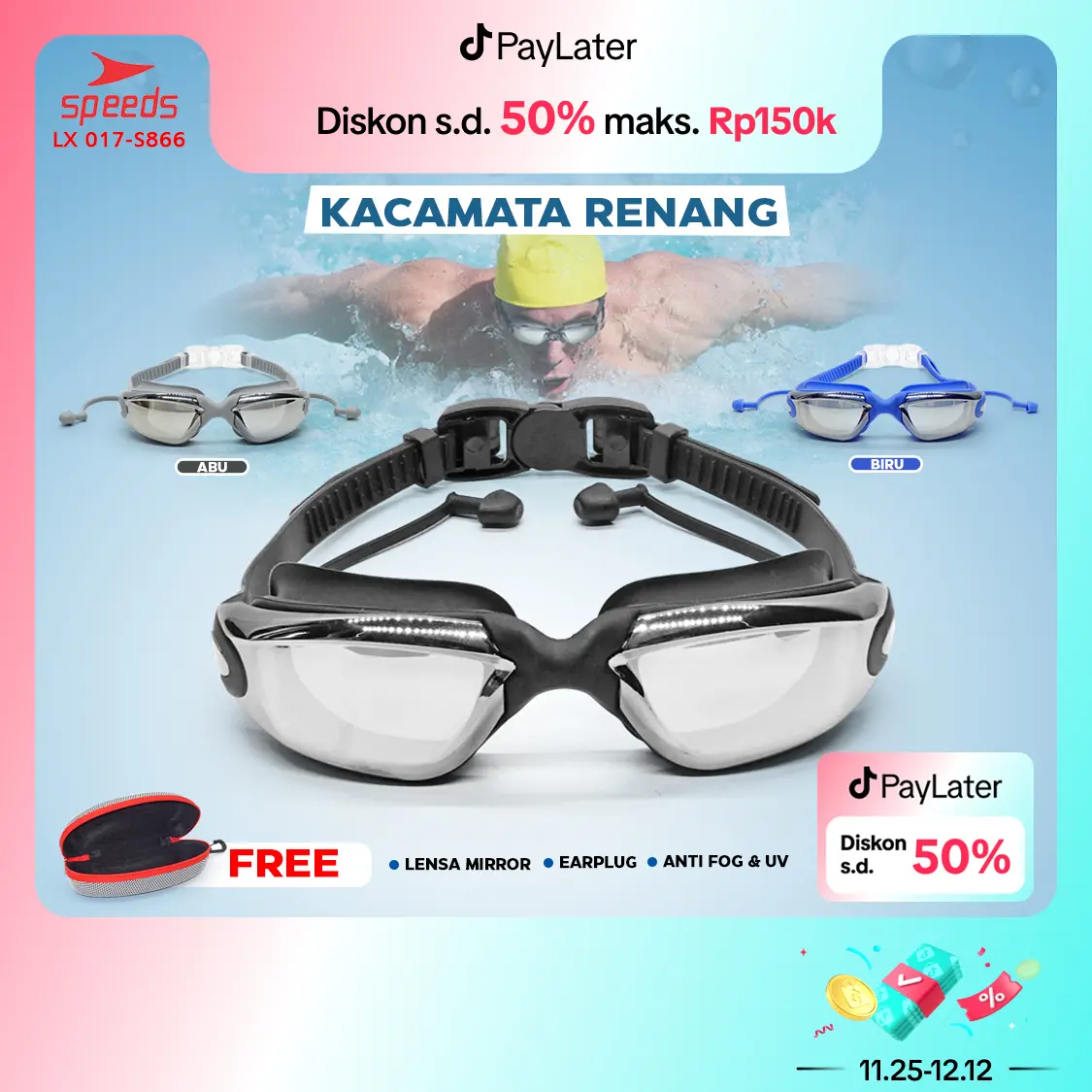 SPEEDS Kacamata Renang Penutup Telinga Anti UV Silicon Swimming Glass Mirror 017-S866