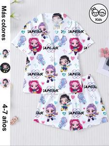 Pijama para niños de tela retardante al fuego con estampado de Cazador de demonios K-Pop, ropa de dormir casual y linda para fiestas, top abierto de manga corta y shorts holgados