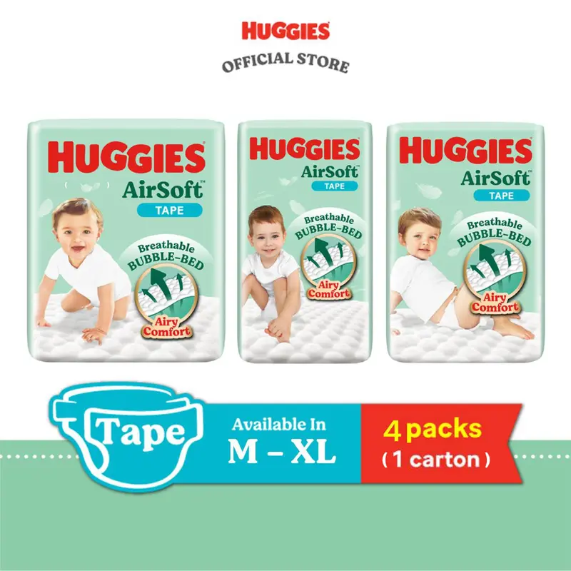 HUGGIES AirSoft Tape Diapers NB 68/S58 (4 packs) Breathable and