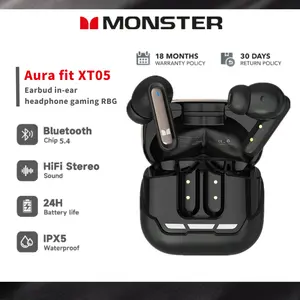 Monster XT05 AI Noise Cancelling Bluetooth 5.4 TWS Earbuds dengan Latensi Rendah Headphone Gaming HD In-Ear Bass Mikrofon Pencahayaan RGB