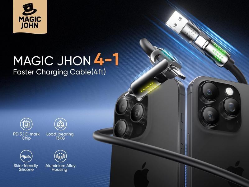 Product Introduction of New-MAGIC JOHN 4-in-1 Charging Cable, Super Fast 240W Charging with RGB Light 11
