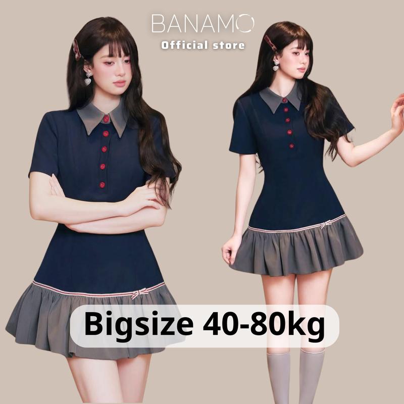 Đầm nữ BIGSIZE Banamo Fashion váy cổ sơ mi cộc tay cúc đỏ đuôi váy xoè đính nơ tiểu thư 5340