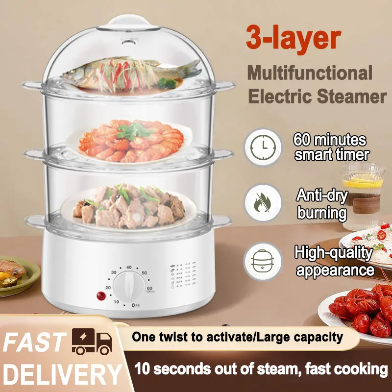 Electric Cooker Steamer 2/3-Layer Large Capcity Multi-Functional Electric Food Steamer 60Min Timing Free Combo Steamed Egg Fish Pengukus Elektrik