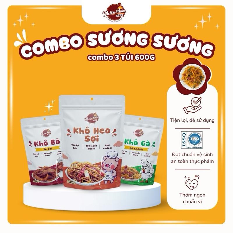 Combo Ăn Vặt Sương Sương 3 Món - 200gr Khô Bò Xé Sợi Tẩm Vị 200gr Khô Gà Lá Chanh 200gr Khô Heo Xé Sợi Bơ Tỏi - Khối Lượng Tịnh Không Tính Bao Bì