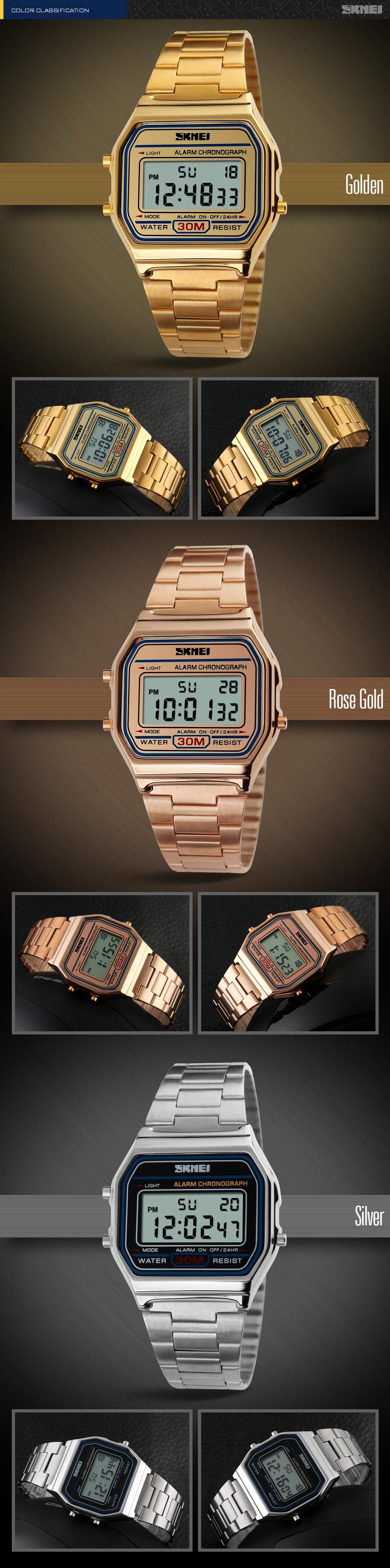 Product Introduction of นาฬิกาแฟชั่นสแตนเลสสตีล, SKMEI, สำหรับผู้ชายและผู้หญิง, หน้าปัด 33 มม., นาฬิกาข้อมือดิจิตอลแบบสบาย ๆ , นาฬิกาปลุก, กระดิ่งปลุกทุกชั่วโมง, โครโนกราฟ, วันที่สัปดาห์, กันน้ำ 30 ม., 1123 30