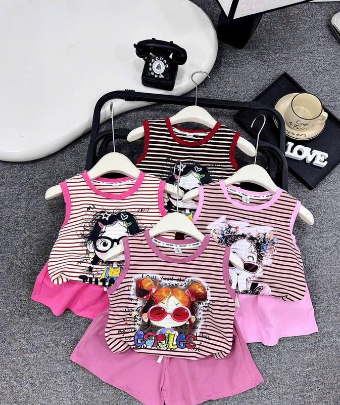 Combo 4 BỘ quần áo cho bé gái, Set bộ cộc tay cổ tròn, sát nách kẻ sọc, hình cô Gái Tóc Xù. Dành cho bé từ 8-45kg.