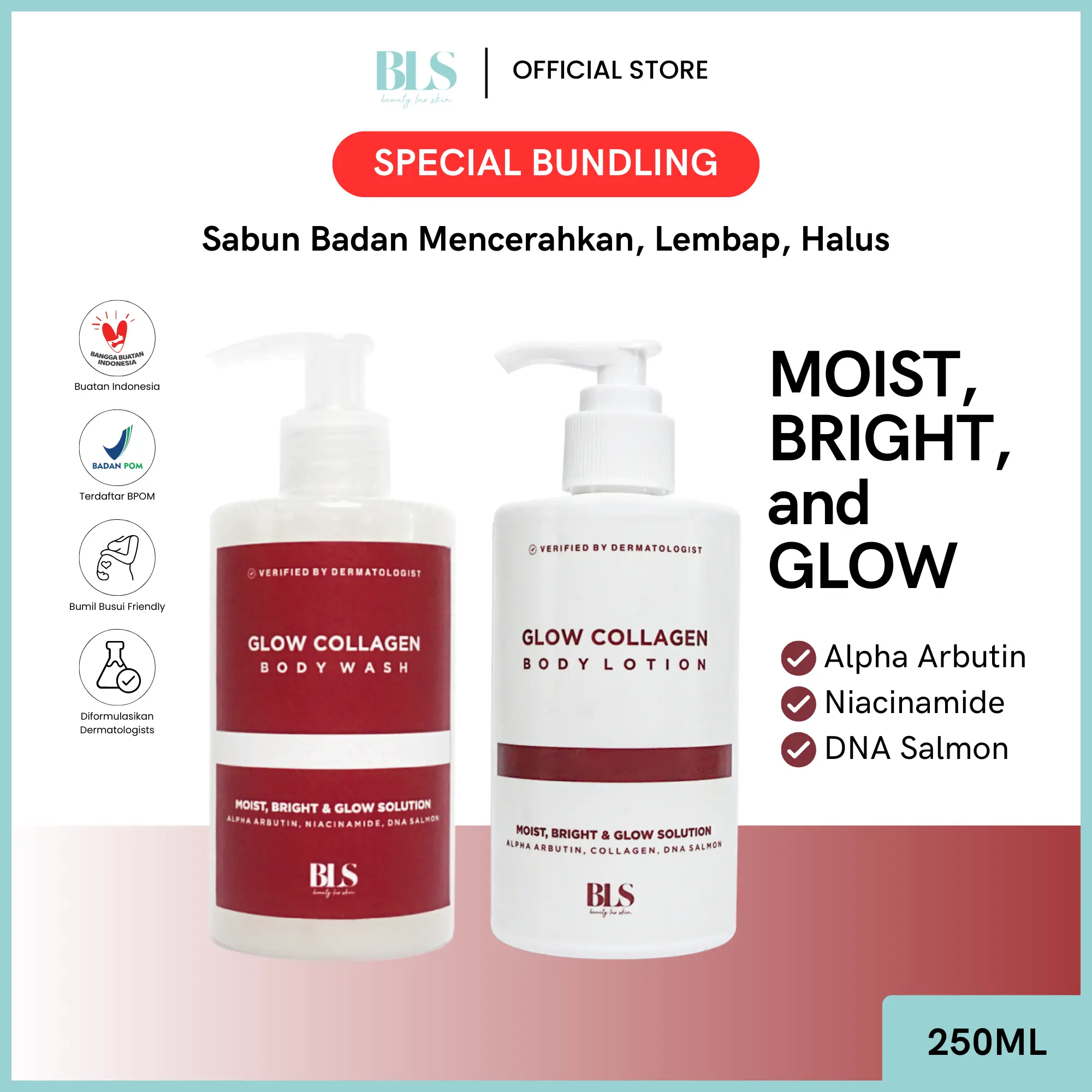[Beauty Lux Skin] [2pcs] Glow Collagen Body Lotion and Body Wash | Sabun Badan Body Lotion Pencerah Mencerahkan Tubuh Perawatan Mandi Kulit Kusam with Salmon DNA