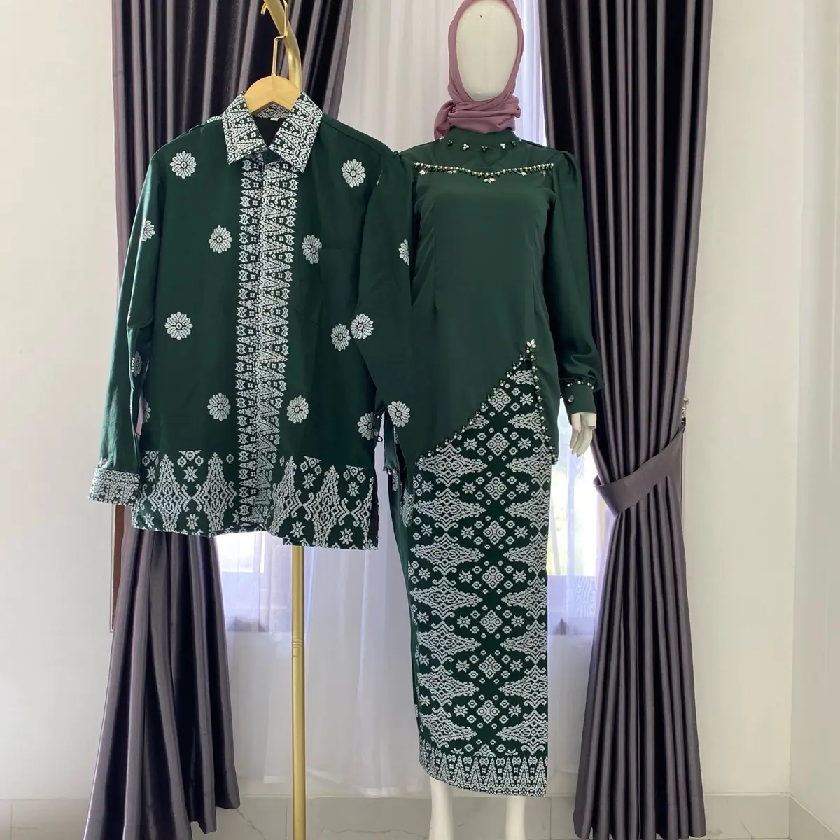(Batik_sahati) MARYAM BAJU COUPLE KURUNG MELAYU SONGKET Warna Hijau Botol baju lamaran baju tunangan baju kondangan