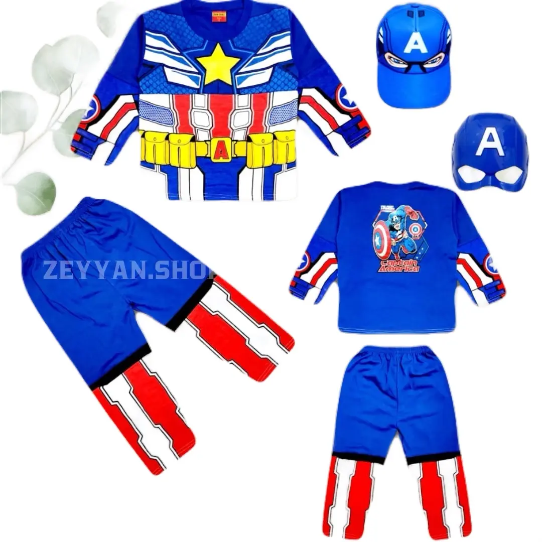 BAJU FASHION SETELAN ANAK MOTIF KAPTEN AMERIKA KOSTUM CELANA PANJANG USIA 1-10 TAHUN BISA SET TOPI DAN TOPENG