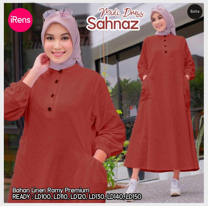 Sahnaz Midi Dress Wanita Muslim Korean Style Bahan Linen Rami Premium Busui Friendly Gamis Kancing Sangat Adem dan Nyaman 2