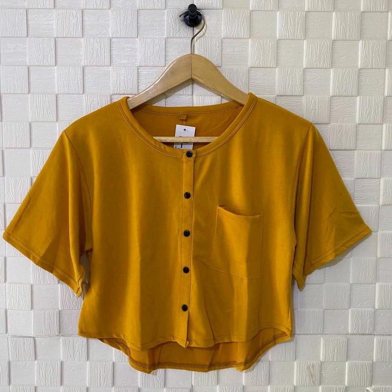 ATASAN CROP TOP KANCING OVAL PENDEK KANTONG POLOS WANITA / ATASAN WANITA / BAJU WANITA KEKINIAN 3