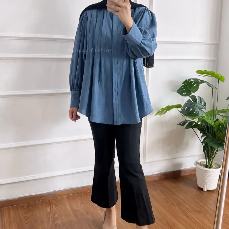 Amera Blouse Kemeja wanita Bahan Polo Linen Casual Lengan Panjang Polos 1