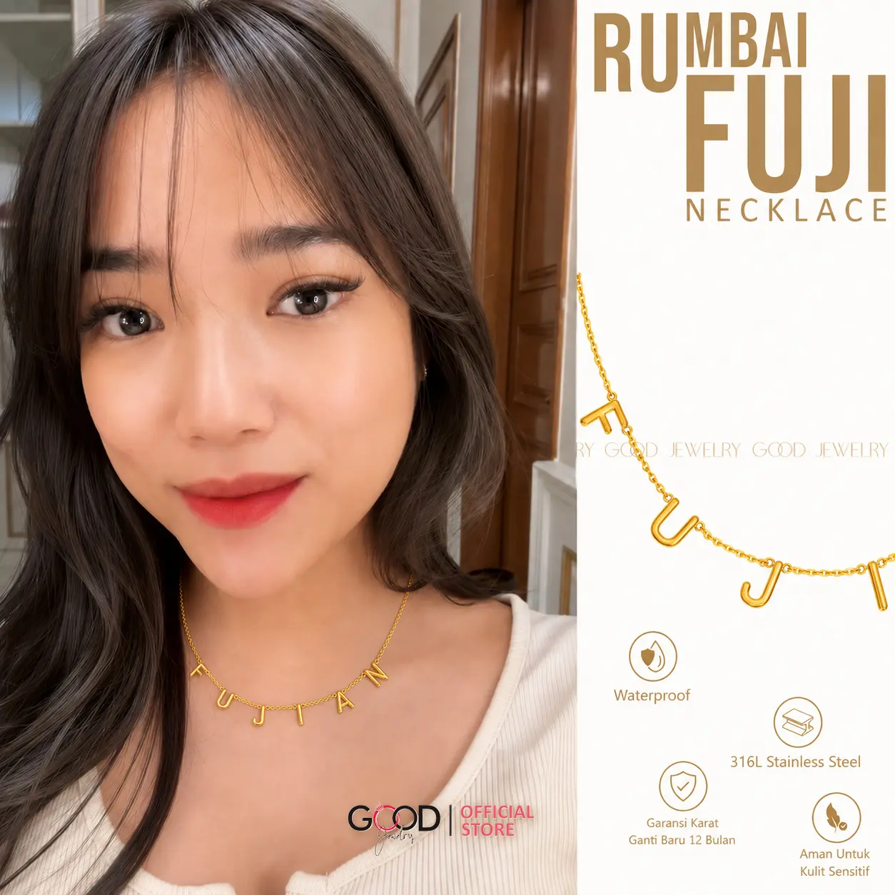 Good Jewelry Kalung Nama Titanium Wanita Huruf Mini Stainless Steel 316L Anti Karat dan Iritasi - FUJI SERIES