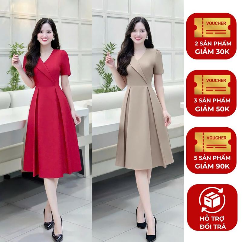  Đầm váy nữ thiết kế Nhật Vy cổ V tay ngắn dáng xoè bigsize chất lụa công sở văn phòng dự tiệc  big size quà tặng vợ mẹ màu nâu xanh - D3462 