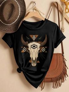 [Estampado de DenimImitación de Denim] Camiseta de Mujer Estilo Vaquera del Viejo Oeste con Estampado de Denim - Manga Corta, Cuello Redondo, Top Casual con Gráfico de Caballo, Tejido Suave y Elástico (Estampado de Vaca