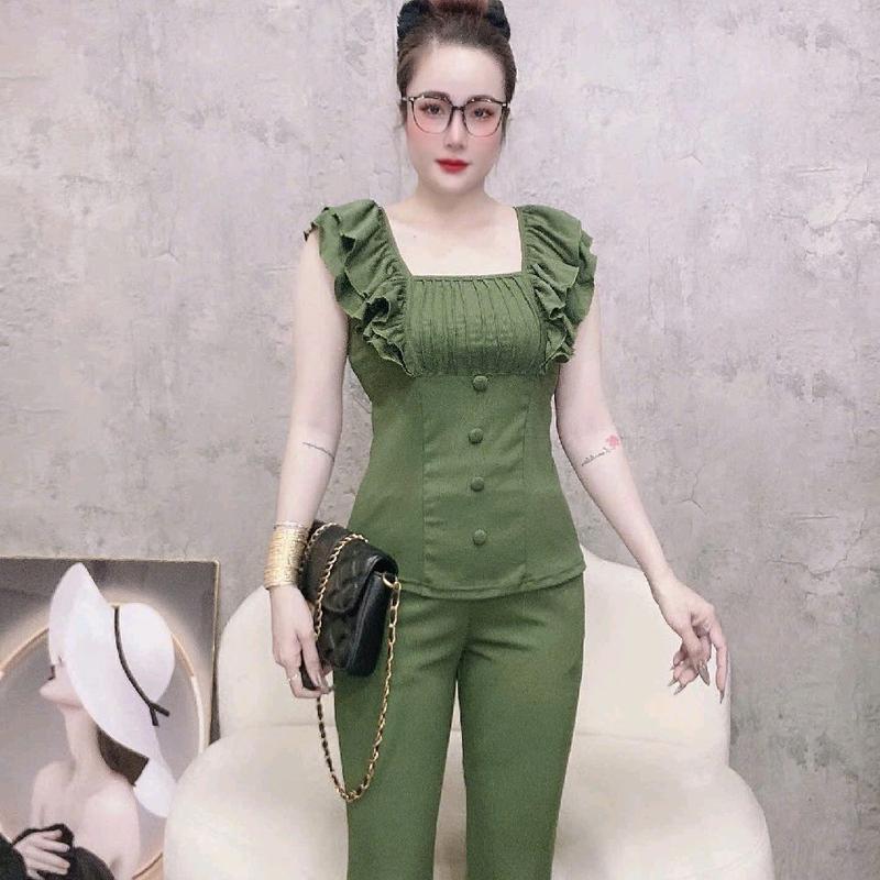 Đồ Bộ Quần Dài ống ôm Thiết kế cánh  Tiên 2 lớp phối nút kiểu Giáng Thanh Lịch Nhẹ Nhàng Thích Hợp Mặc  Nhà  và Dao Phố chất liệu Thun tâm lạnh  size  dưới 59kg