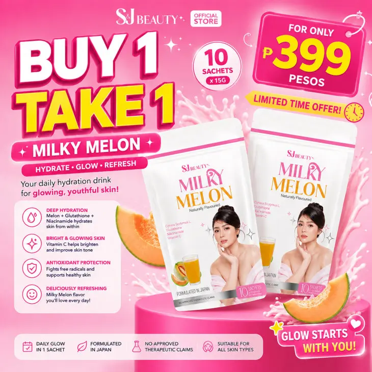 S&J Beauty Buy 1 Take 1 Milky Melon Drink Powder 10 Packs – Glutathione Niacinamide Vitamin C Hydrating Skin Beauty Wellness Supplement