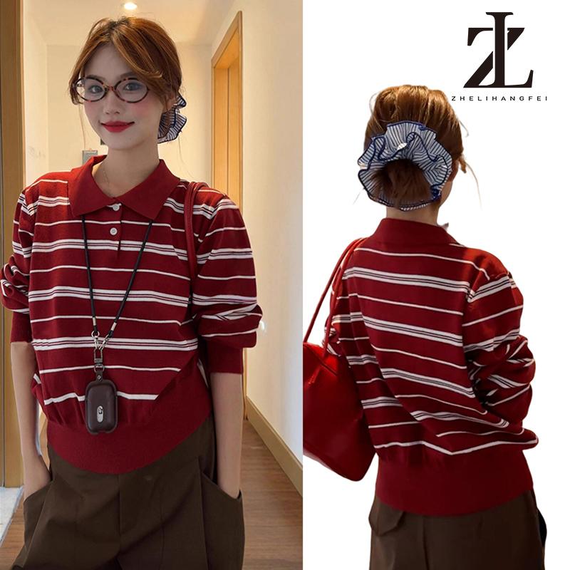  Áo len sọc đỏ cổ POLO tay dài rộng rãi phong cách học đường 