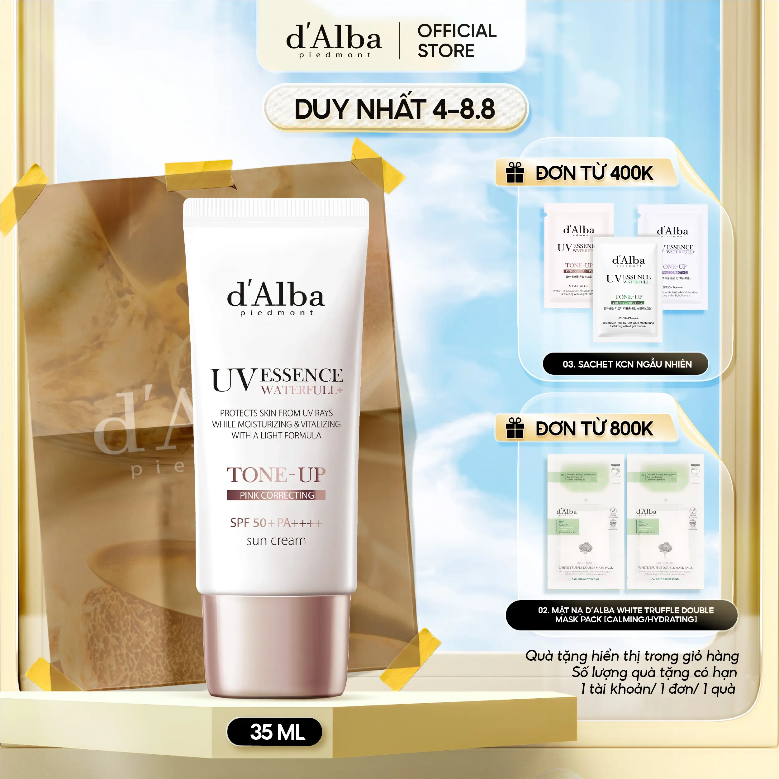Kem chống nắng thuần chay d'Alba Waterfull Tone-Up Sun Cream SPF50 + PA + + + + 35ml -Dành cho da khô hỗn hợp Skincare