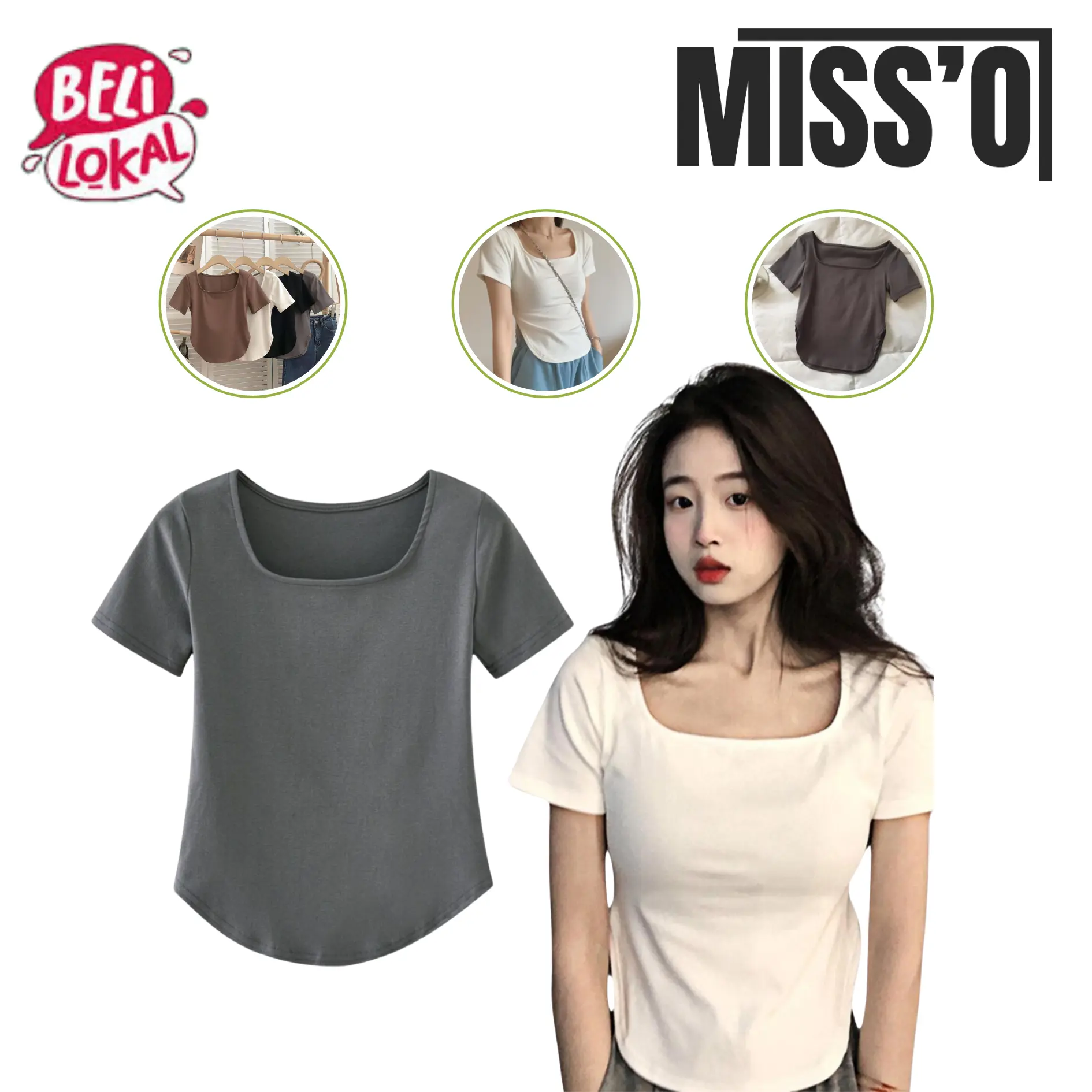 Misso Kode BJ1172 Baju Atasan Polos Kaos Spandek  Basic Hitam Wanita Lengan Pendek Leher Model U Fashion Stretch Lembut Top Tshirt Oblong  Crop
