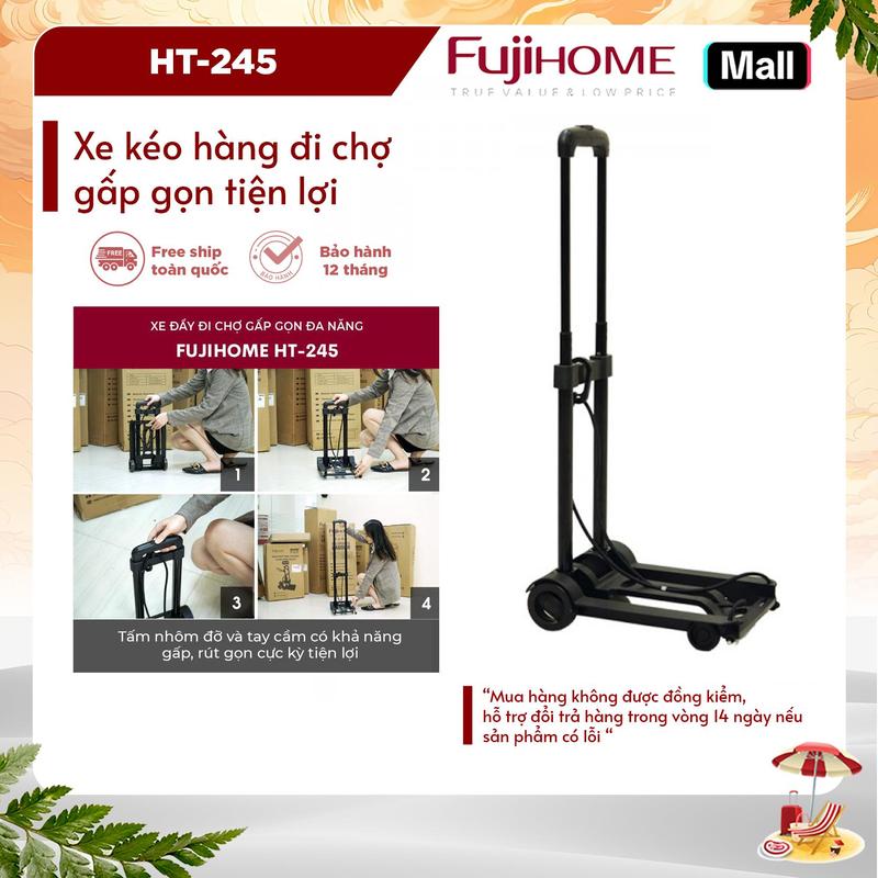 [Tải trọng : 35 ~ 45kg] Xe đẩy hàng gấp gọn đi chợ mini FUJIHOME HT-245, xe kéo hàng đi chợ gấp gọn mini siêu thị đa năng-tặng dây buộc[BH 1 năm]