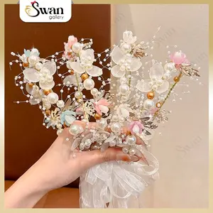 Elegant Headpiece Pearl Flower Crown Aesthetic Aksesoris Hiasan Kepala Mahkota Bunga Mutiara