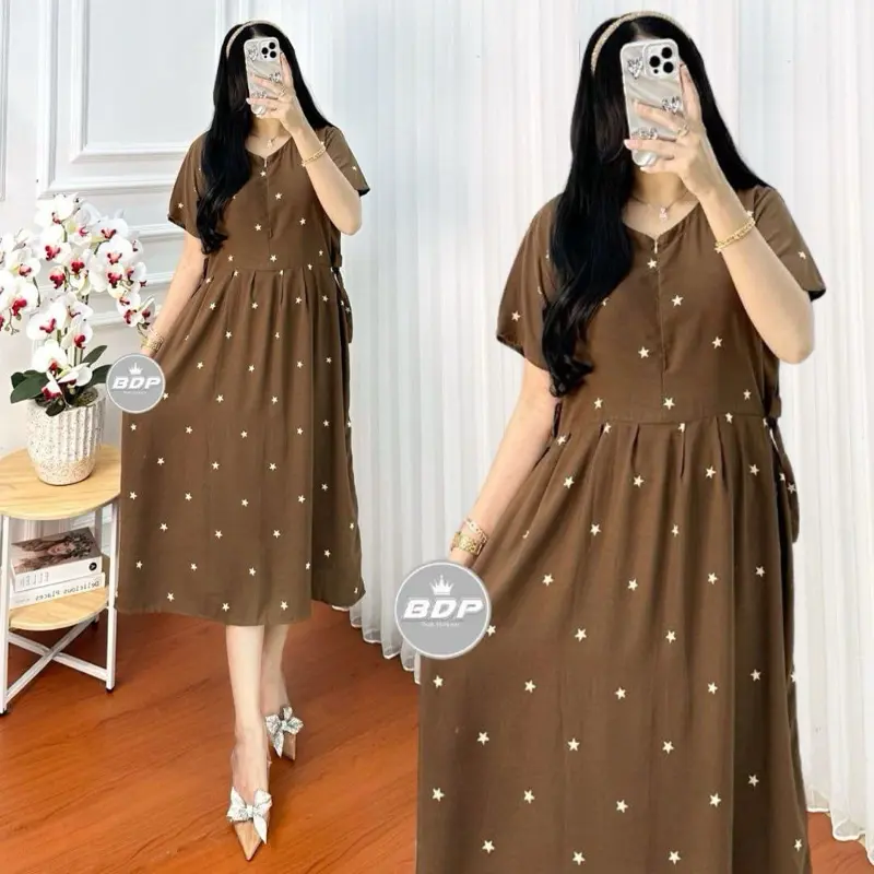 Daster Chibi Rayon Premium Gread A Motif Polkadot Bintang Tali Samping Ld 110 Dress Wanita Harian Santai Busui Resleting Baju Tidur Wanita Bumil Lengan Pendek Nyaman Batik Motif Terbaru Serut Panjang Kancing Kain 1