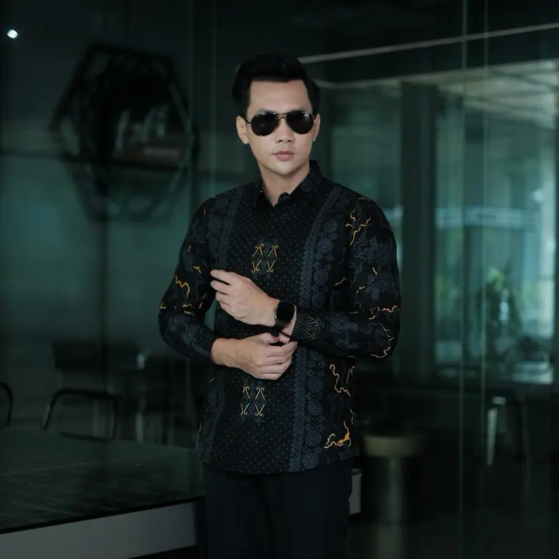 NARAPATI KEMEJA batik pria lengan panjang full FURING slimfit halus Hitam kain Polimicro Nyaman Formal