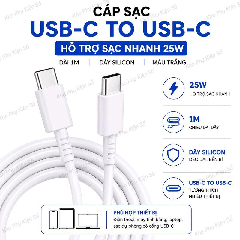 Dây Cáp SS Sạc Siêu Nhanh 25W Dài 1M Type-C to Type-C Dây Silicon Mềm Mại Màu Trắng Phù hợp Điện thoại Máy tính bảng Laptop