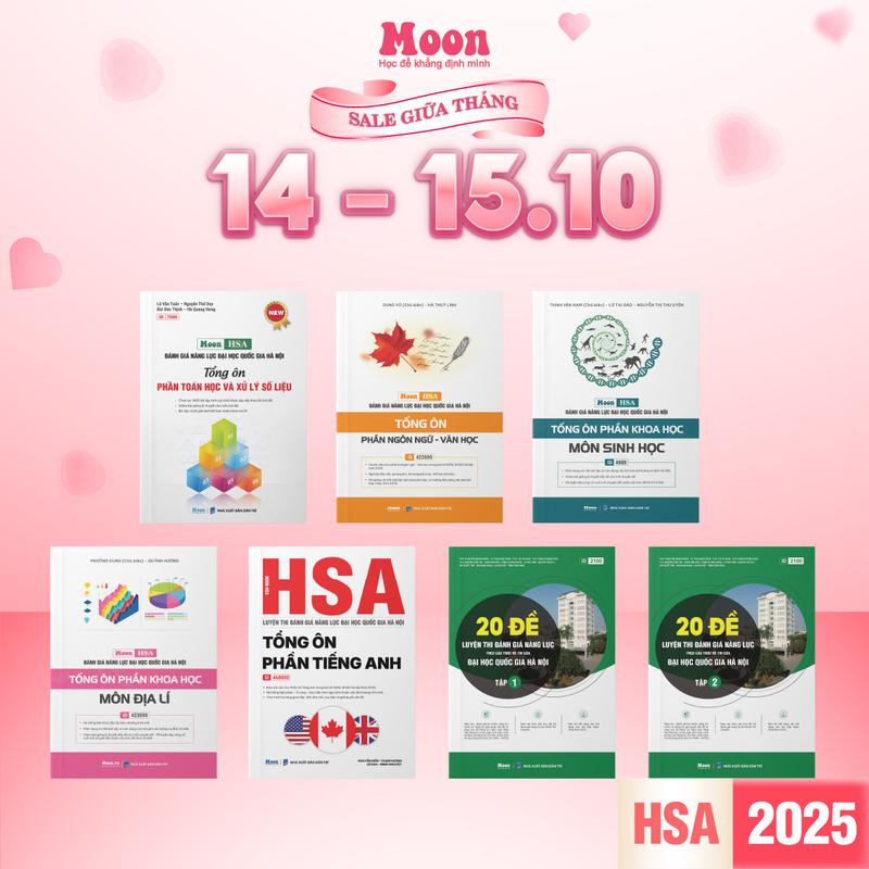Sách ĐGNL hà nội 2025, ôn thi đánh giá năng lực HSA ĐHQG HN cho 2k8 Moonbook