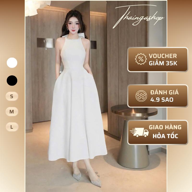 Đầm dự tiệc cổ yếm tròn đính đá nơ sau dang dài xoè màu trắng màu đen size S M L tiểu thư sang chảnh