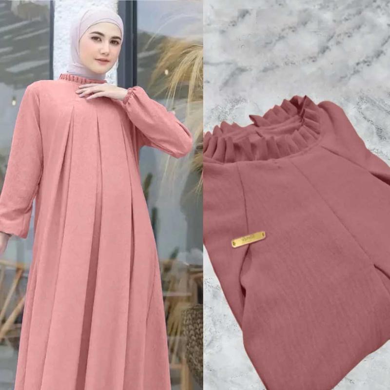 Abaya Gamis Lebaran Wanita  Dewasa Remaja  Muslim Crinkle Airflow - Nyaman dan Elegan - Mewah Tangan Kombinasi Lembut Kaftan Syari Dress Basic 1