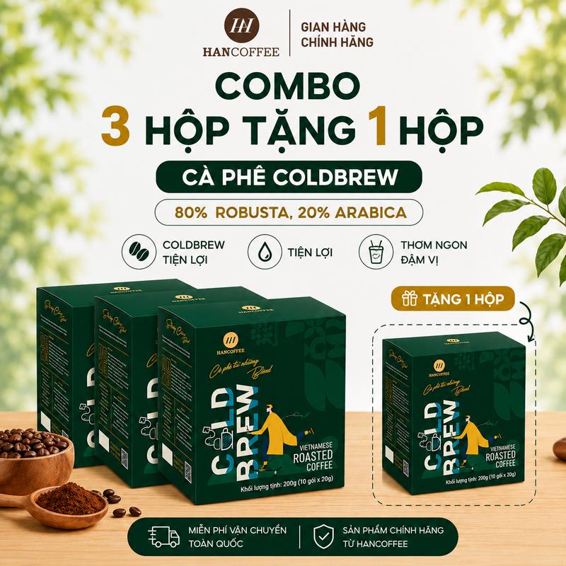 [MUA 3 TẶNG 1 - DÒNG BLEND] Cà Phê COLDBREW Ủ Lạnh Blend Nguyên Chất 80% Robusta 20% Arabica 20g x 10 gói HNCB2-01