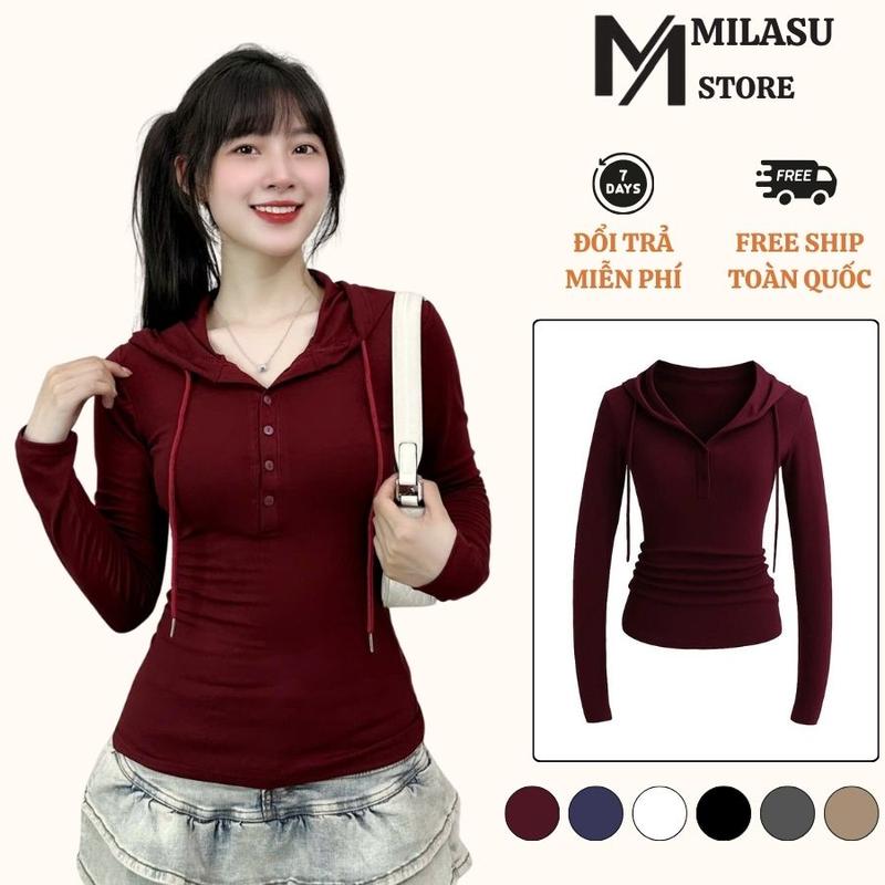 Áo Thun Dài Tay Ôm Body Có Mũ MILASU Áo Nỉ Dài Tay Co Dãn Mềm Mịn 432