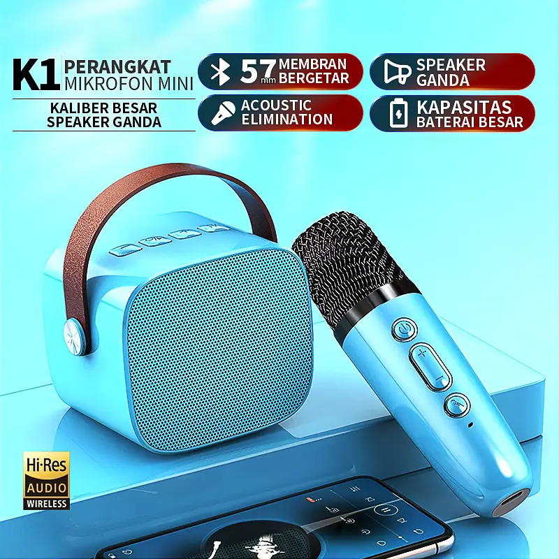 Speaker Karaoke Mini K1 Bluetooth Set Premium Mic K1 Lengkap Speaker Bluetooth Mikrofon Nirkabel Baterai Kuat 5000mAh Membran Bergetar 57mm Eliminasi Akustik Audio Hi-Res Nirkabel Kompatibel Semua Ponsel