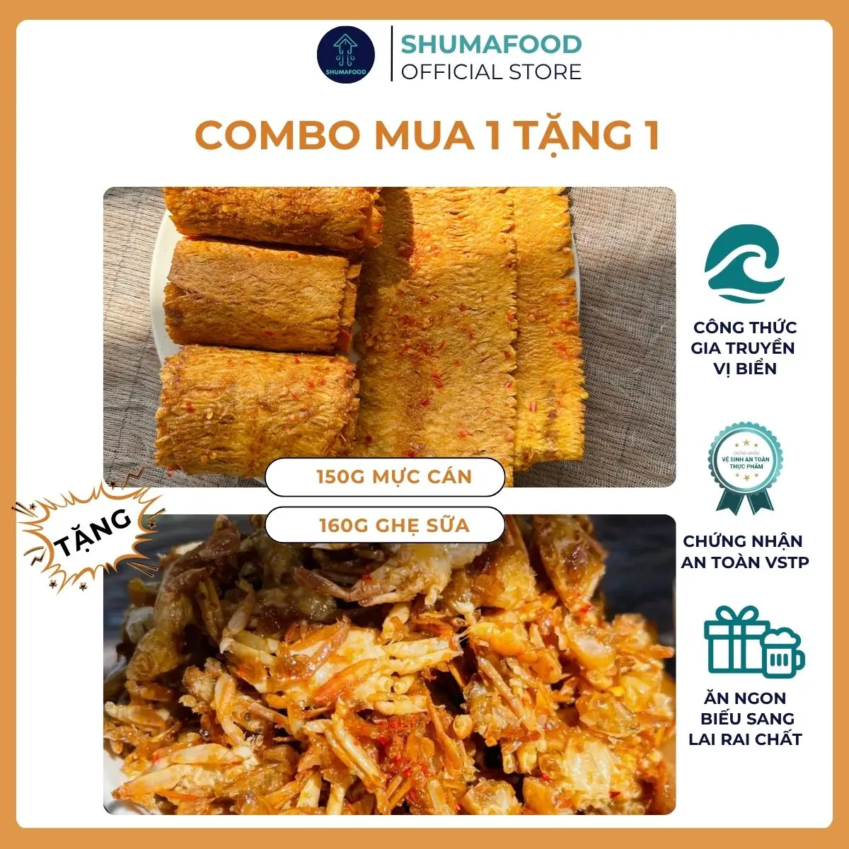 [100 xuất mua 1 tặng 1] Mua 150g khô mực cán nguyên miếng tặng 160g ghẹ sữa chiên giòn Shumafood Snack Ăn Vặt