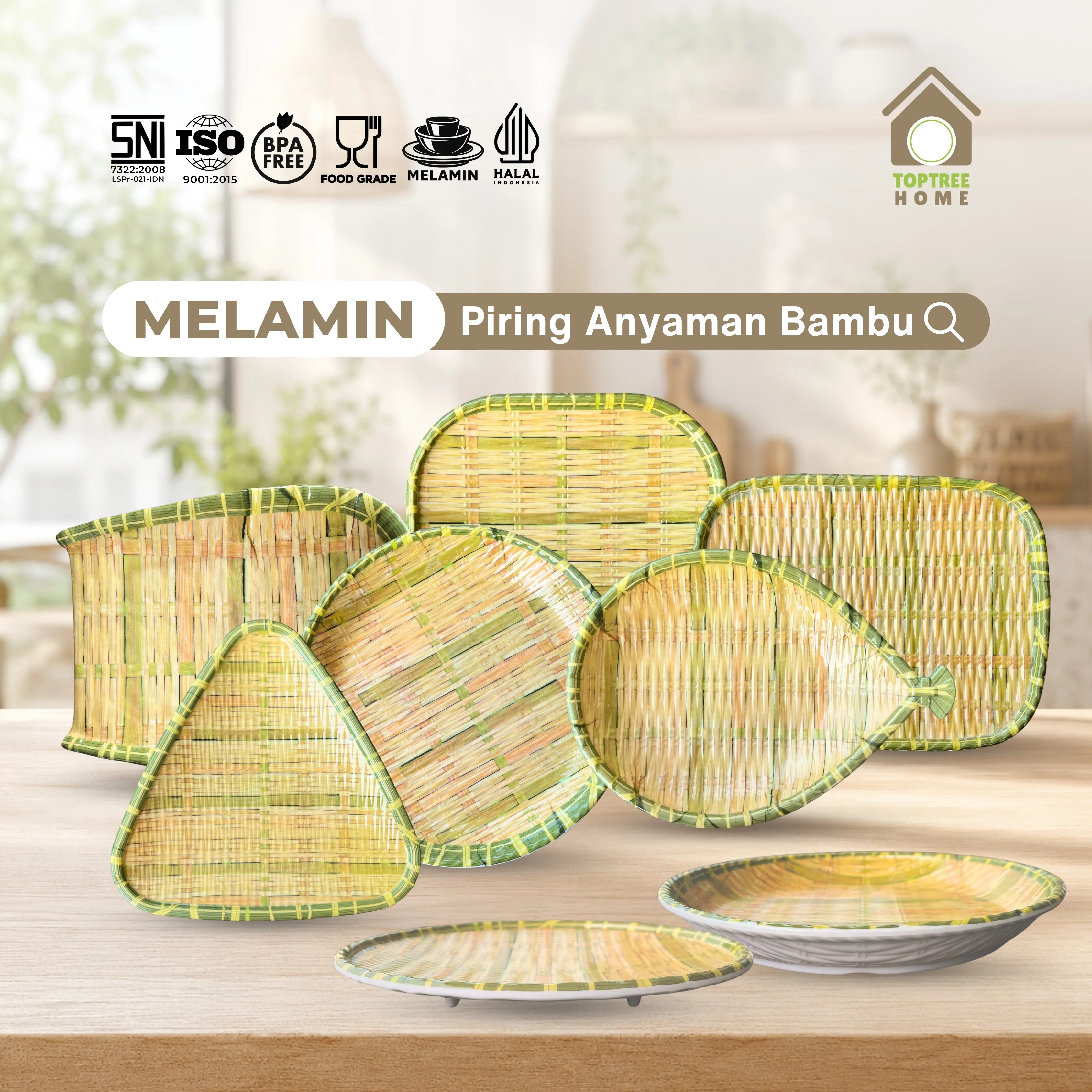 TOPTREE Piring Makan Melamin Motif Anyaman Bambu – Food Grade, BPA Free, Tebal & Tahan Lama
