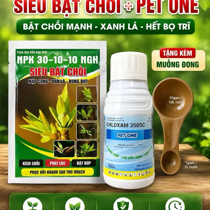 Phân bón siêu bật chồi NPK 30-10-10 gói 50g PET ONE Bọ trĩ Chai 100ml