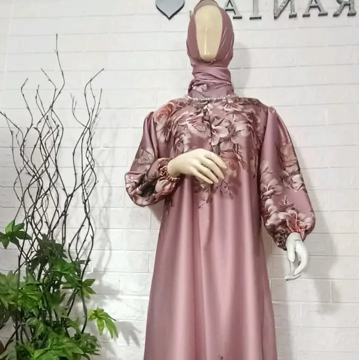 Gamis Set Hijab Shill Sutera Motif Premium JUMBO Mewah Terbaru